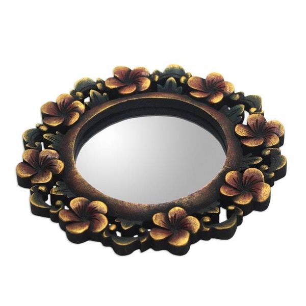 Alternate image for Round Floral Wall Mirror Hand Carved from Wood Plumeria Garland