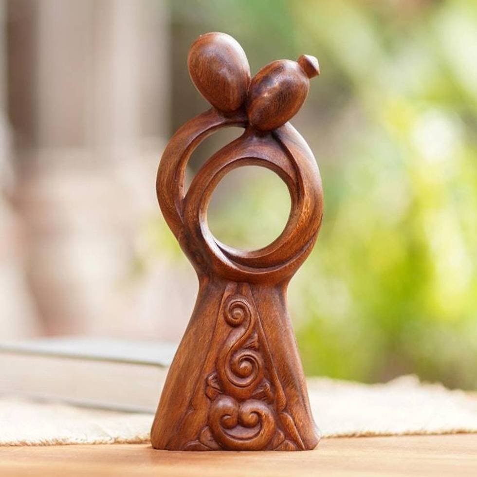Handmade Romantic Suar Wood Statuette 'Hugging'