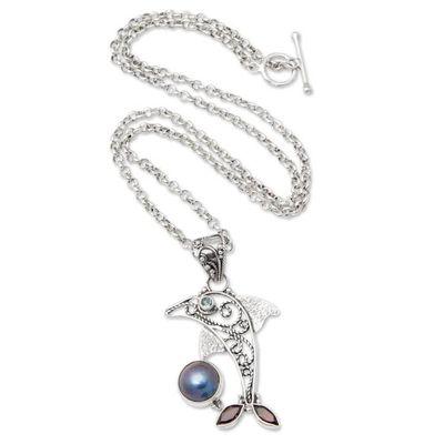 Alternate image for Garnet and pearl pendant necklace Dolphin Plays Ball