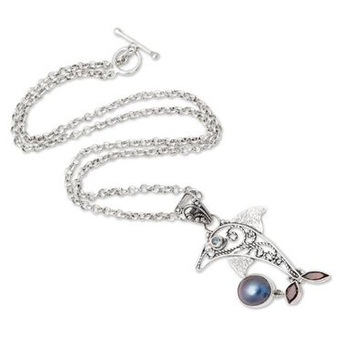 Alternate image for Garnet and pearl pendant necklace Dolphin Plays Ball