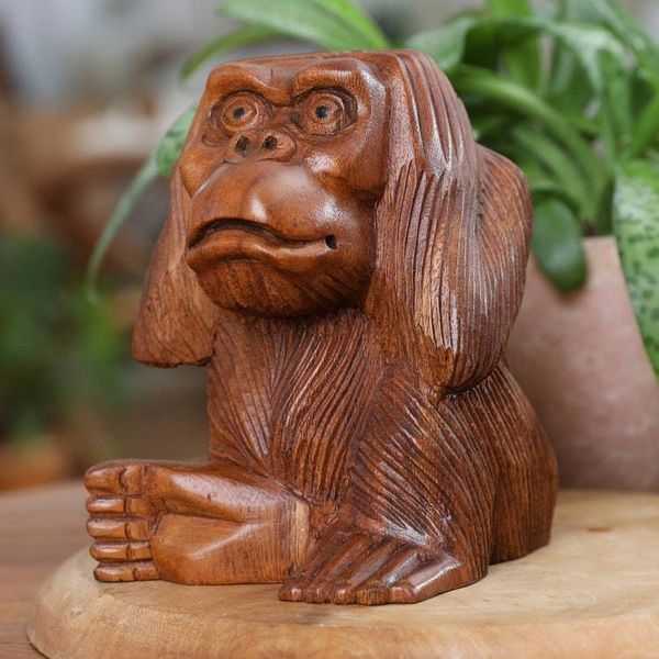 Alternate image for Hand-Carved Suar Wood Orangutan Sculpture from Bali Bored Orangutan
