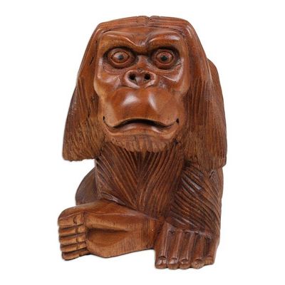 Alternate image for Hand-Carved Suar Wood Orangutan Sculpture from Bali Bored Orangutan
