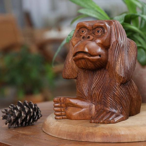 Alternate image for Hand-Carved Suar Wood Orangutan Sculpture from Bali Bored Orangutan