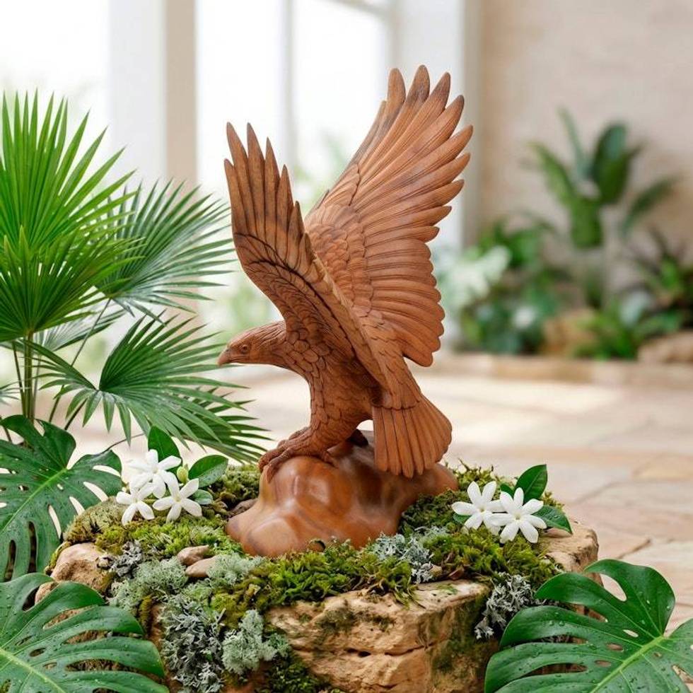 Realistic Suar Wood Bird Sculpture of an Eagle Landing 'Eagle Landing'