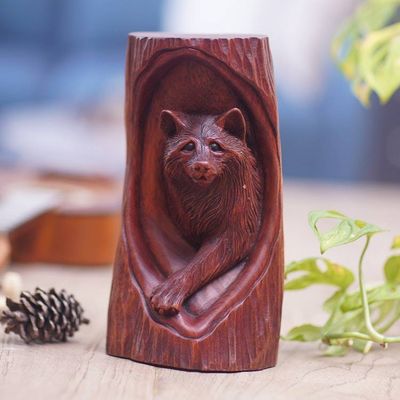 Primary image for Wolf-Themed Hand-Carved Polished Suar Wood Sculpture Watchful Wolf