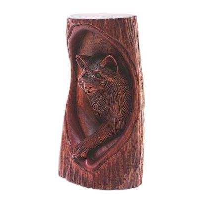 Alternate image for Wolf-Themed Hand-Carved Polished Suar Wood Sculpture Watchful Wolf