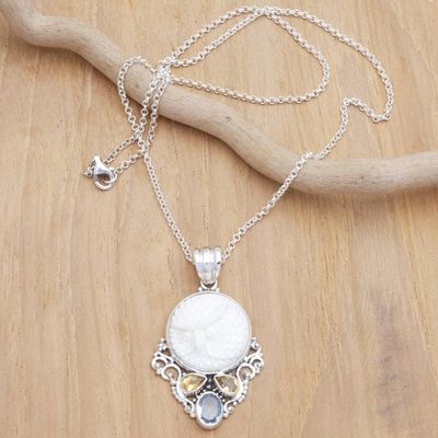 Alternate image for Blue Topaz Citrine and Sterling Silver Owl Pendant Necklace Old Owl