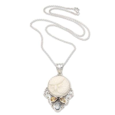Alternate image for Blue Topaz Citrine and Sterling Silver Owl Pendant Necklace Old Owl