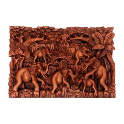 Primary image for Elephant-Themed Cempaka Wood Relief Panel from Bali Elephant Life