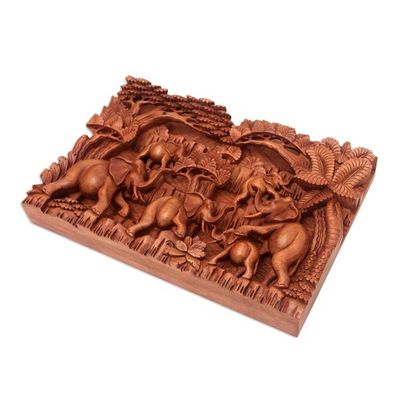 Alternate image for Elephant-Themed Cempaka Wood Relief Panel from Bali Elephant Life