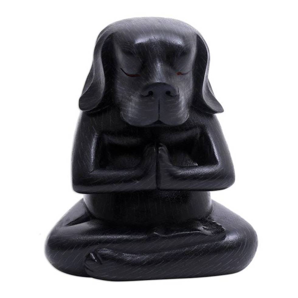 Wood Yoga Beagle Statuette in Black from Bali 'Black Yoga Beagle'
