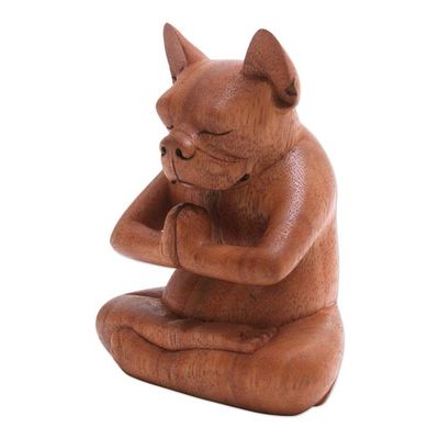 Alternate image for Yoga Meditation Brown Boston Terrier Handmade Wood Statuette Yoga Boston Terrier in Brown