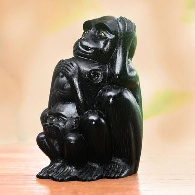 Primary image for Three Wise Monkeys Black Hand Carved Wood Statuette Three Monkey Sages in Black