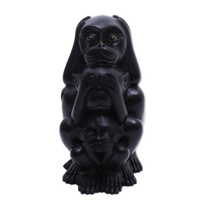Alternate image for Three Wise Monkeys Black Hand Carved Wood Statuette Three Monkey Sages in Black
