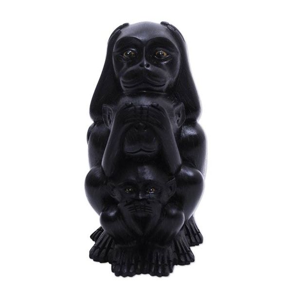 Alternate image for Three Wise Monkeys Black Hand Carved Wood Statuette Three Monkey Sages in Black