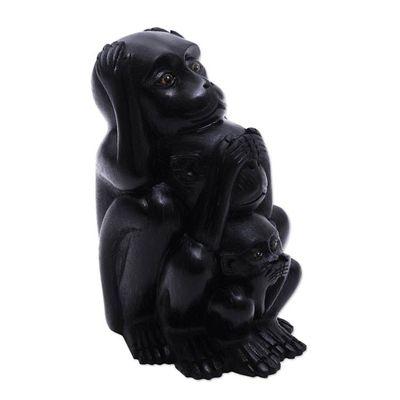 Alternate image for Three Wise Monkeys Black Hand Carved Wood Statuette Three Monkey Sages in Black