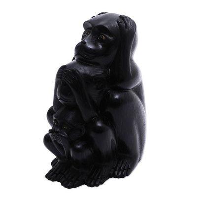 Alternate image for Three Wise Monkeys Black Hand Carved Wood Statuette Three Monkey Sages in Black