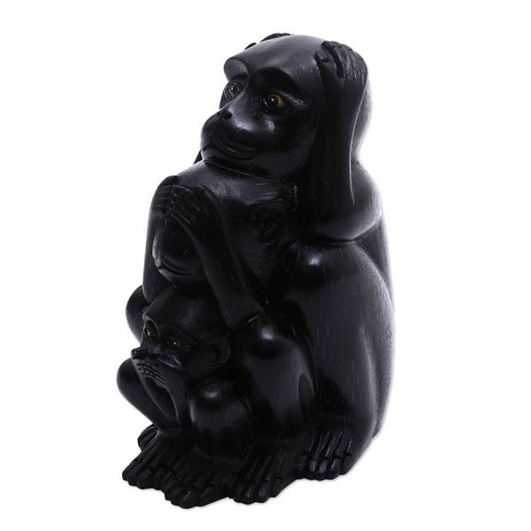 Alternate image for Three Wise Monkeys Black Hand Carved Wood Statuette Three Monkey Sages in Black