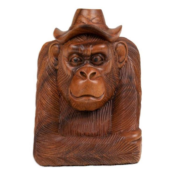 Alternate image for Hand-Carved Balinese Suar Wood Orangutan Sculpture Pensive Orangutan