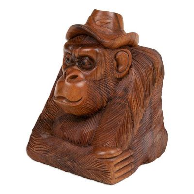 Alternate image for Hand-Carved Balinese Suar Wood Orangutan Sculpture Pensive Orangutan