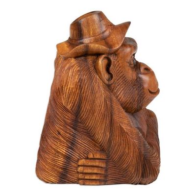 Alternate image for Hand-Carved Balinese Suar Wood Orangutan Sculpture Pensive Orangutan
