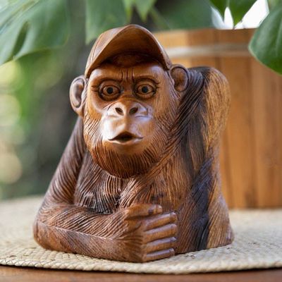 Primary image for Signed Suar Wood Orangutan Sculpture Hand-Carved in Bali Curious Orangutan
