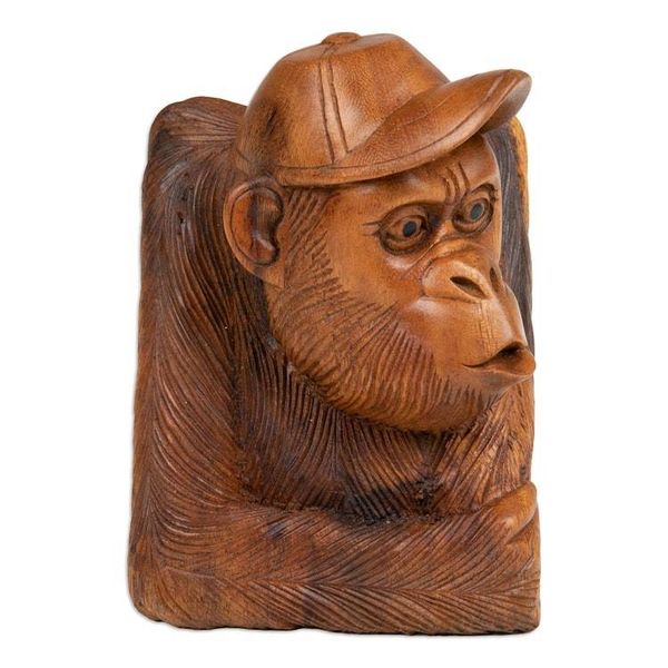 Alternate image for Signed Suar Wood Orangutan Sculpture Hand-Carved in Bali Curious Orangutan