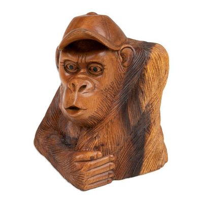 Alternate image for Signed Suar Wood Orangutan Sculpture Hand-Carved in Bali Curious Orangutan