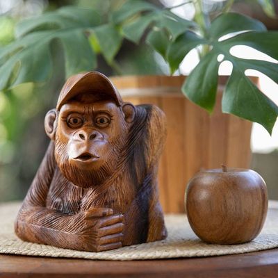Alternate image for Signed Suar Wood Orangutan Sculpture Hand-Carved in Bali Curious Orangutan