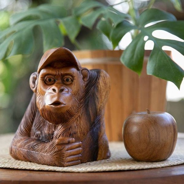 Alternate image for Signed Suar Wood Orangutan Sculpture Hand-Carved in Bali Curious Orangutan