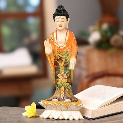 Alternate image for Balinese Hand Painted and Hand Carved Wood Buddha Statuette Buddha Bless You