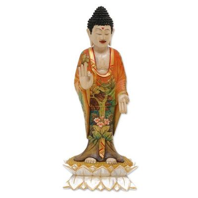 Alternate image for Balinese Hand Painted and Hand Carved Wood Buddha Statuette Buddha Bless You