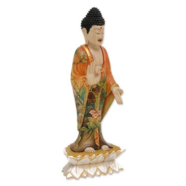 Alternate image for Balinese Hand Painted and Hand Carved Wood Buddha Statuette Buddha Bless You