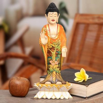 Alternate image for Balinese Hand Painted and Hand Carved Wood Buddha Statuette Buddha Bless You