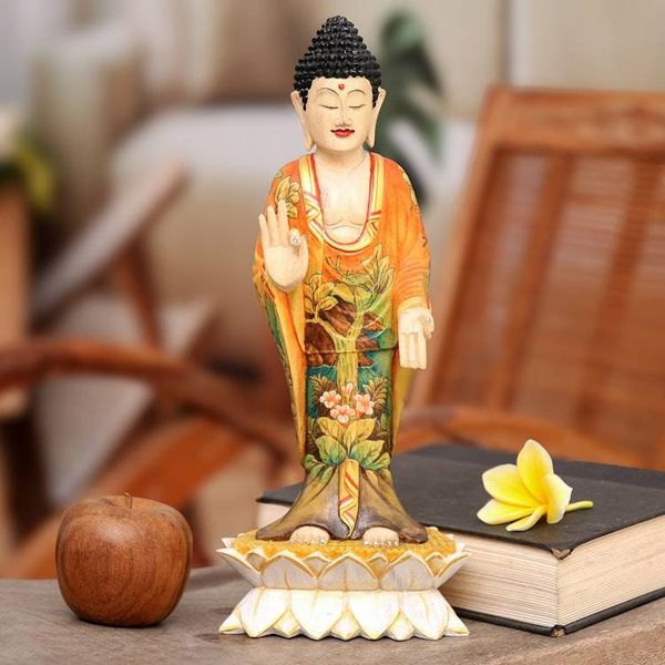 Alternate image for Balinese Hand Painted and Hand Carved Wood Buddha Statuette Buddha Bless You