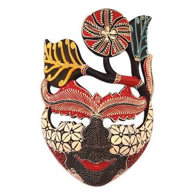 Alternate image for Handcrafted Hibiscus-Themed Batik Pule Wood Mask from Java Princess of Hibiscus