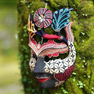 Alternate image for Handcrafted Hibiscus-Themed Batik Pule Wood Mask from Java Princess of Hibiscus