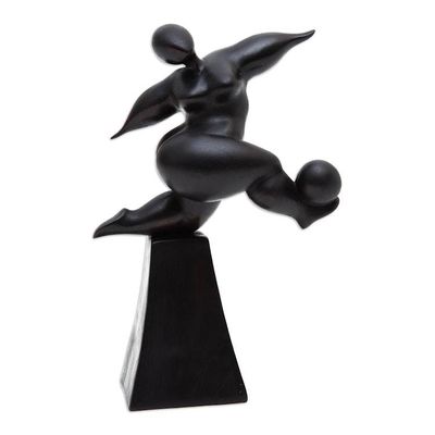 Alternate image for Black Hand-Carved Soccer Player Suar Wood Sculpture One Victory