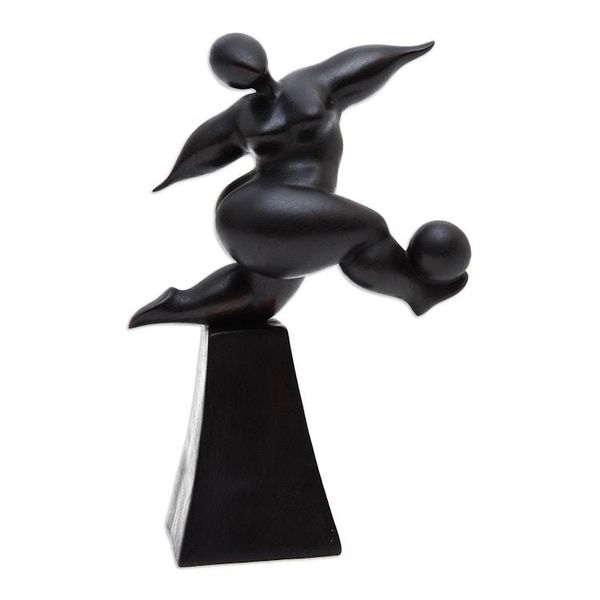 Alternate image for Black Hand-Carved Soccer Player Suar Wood Sculpture One Victory