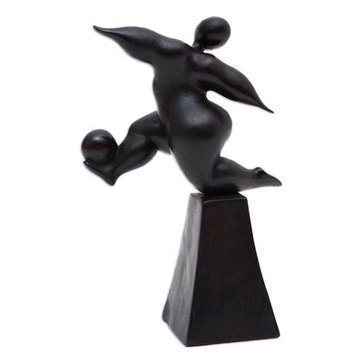 Alternate image for Black Hand-Carved Soccer Player Suar Wood Sculpture One Victory