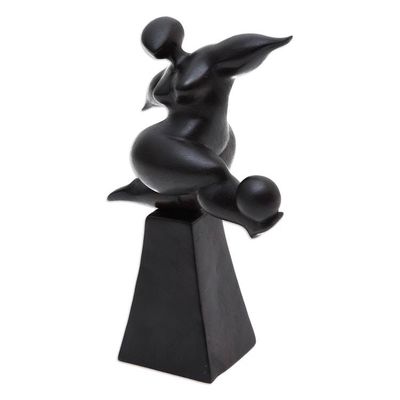 Alternate image for Black Hand-Carved Soccer Player Suar Wood Sculpture One Victory