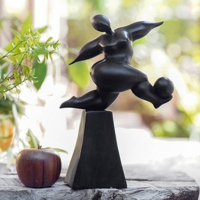 Alternate image for Black Hand-Carved Soccer Player Suar Wood Sculpture One Victory