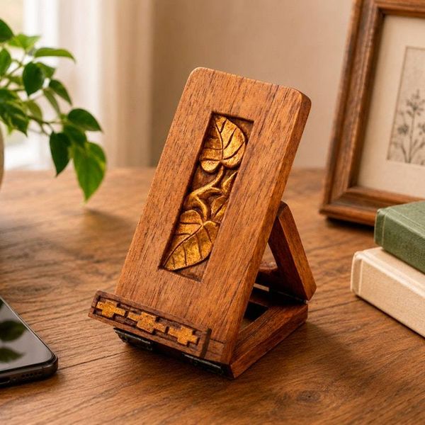 Alternate image for Nature-Inspired Golden and Brown Jempinis Wood Phone Holder Natural Tomorrow