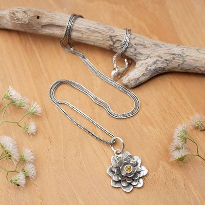 Primary image for Citrine and Silver Flower Necklace Sacred Golden Lotus