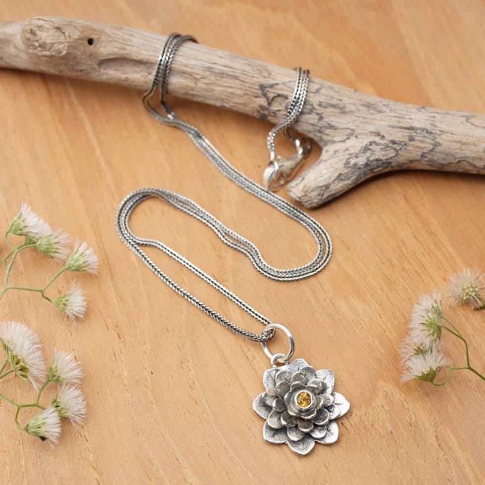 Citrine and Silver Flower Necklace 'Sacred Golden Lotus'