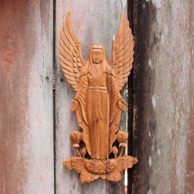Primary image for Artisan Hand Carved Wood Angel Motif Wall Relief Panel Angelic Blessings