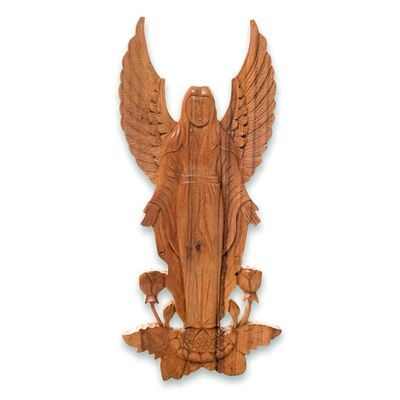 Alternate image for Artisan Hand Carved Wood Angel Motif Wall Relief Panel Angelic Blessings