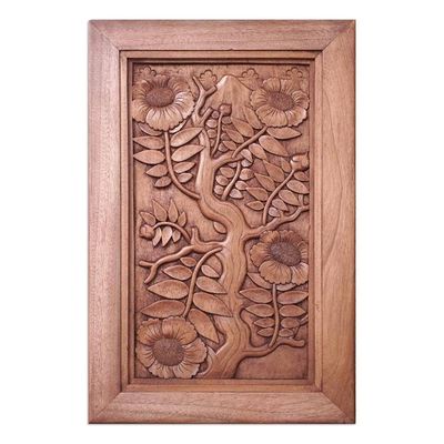 Alternate image for Hand-carved Low Relief Wood Wall Panel Nagasari Tree