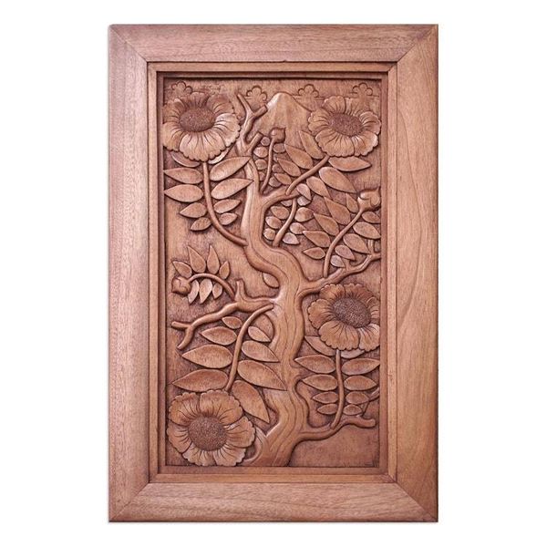 Alternate image for Hand-carved Low Relief Wood Wall Panel Nagasari Tree