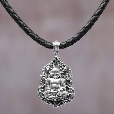 Alternate image for Sterling Silver Leather Buddha Pendant Necklace Indonesia Pu-Tai Buddha